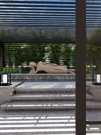 A serene terrace garden concept featuring a reclining Buddha sculpture as a focal point. The design includes a pergola-covered seating area and a tranquil water feature, transforming the rooftop into a peaceful retreat.