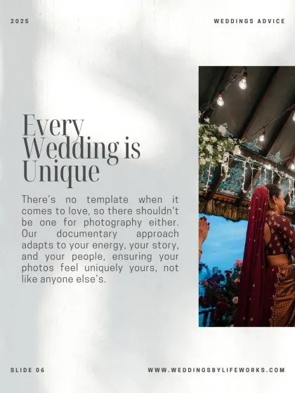 "Every Wedding is Unique." There is no template for love, so there shouldn't be one for photography. My documentary approach adapts to your energy and your people, ensuring your story is uniquely yours.