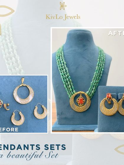 Two old pendant sets were combined to create this beautiful and unique statement set. We used the circular motifs and coral stones to design a cohesive necklace and earring pair with a fresh, modern feel.