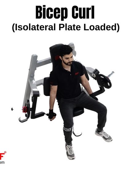 A user getting into position on the Isolateral Bicep Curl machine. The adjustable seat and arm pads ensure a perfect fit for users of all sizes.