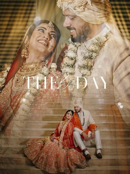 A creative double exposure, blending a close-up of the couple's happy faces with a full-length portrait, telling a complete story.