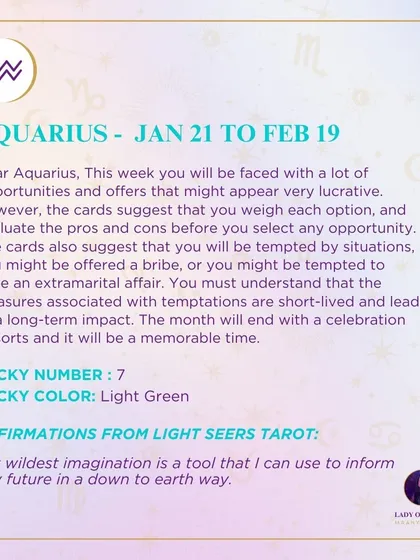 This week's tarot forecast for Aquarius. You will be faced with many lucrative opportunities, but the cards suggest you weigh each option carefully.