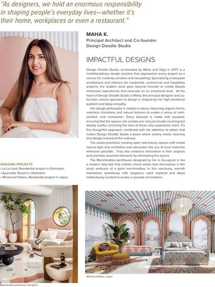 A snippet from the magazine feature for the iGen Top 50 Under 40 award, highlighting Maha's design philosophy.