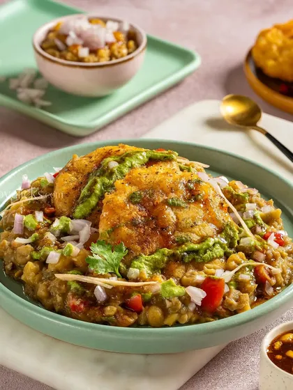 Another version of Aloo Tikki Chaat for Gulab Sweets, with fresh onions and cilantro.