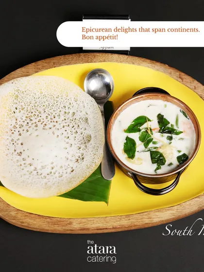 A classic South Indian dish, Vegetable Stew with Appam. The light, lacy pancake is the perfect companion for the creamy and mildly spiced coconut-based stew.
