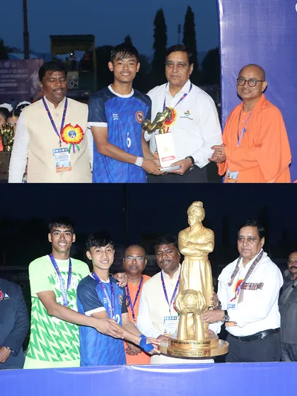 Our players receiving their trophies and medals at the U20 National Championship. Rahul was named Best Player, and Captain Jajo lifted the trophy.