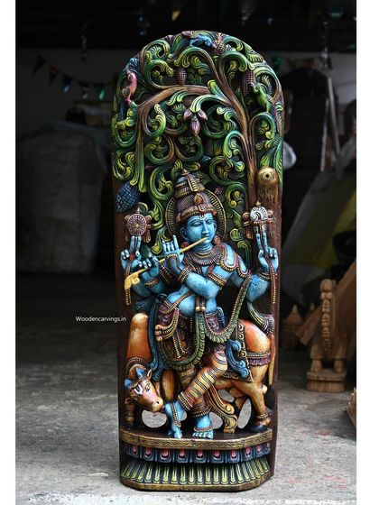 The full 48-inch multicolored Krishna panel, showing the deity playing his flute under a tree, a complete and vibrant mythological scene.