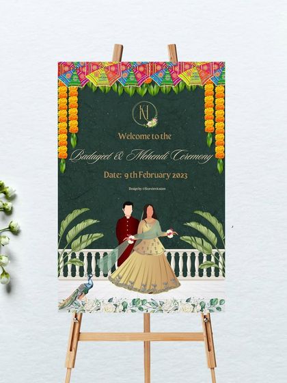 A royal green welcome sign for a Sangeet and Mehendi ceremony. The design features traditional marigold torans, peacock motifs, and an illustration of the couple, creating a look of classic Indian elegance.