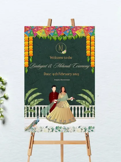 For this Sangeet and Mehendi ceremony, I designed a welcome sign with a rich, royal green background. The design features marigold flower decorations, a peacock, and a couple illustration to capture the traditional yet elegant theme.