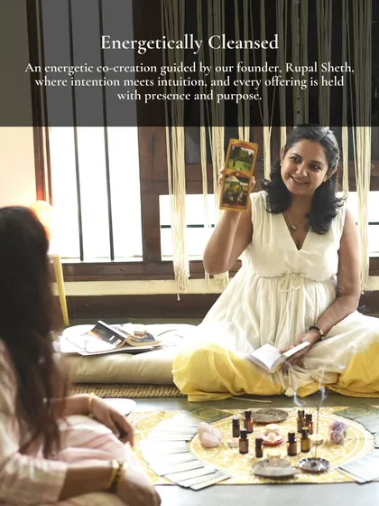 Our space is an energetic co-creation, guided by intuition and purpose. Here, our founder Rupal Sheth facilitates a session, holding a space that is cleansed daily and designed to amplify the healing work you do here.