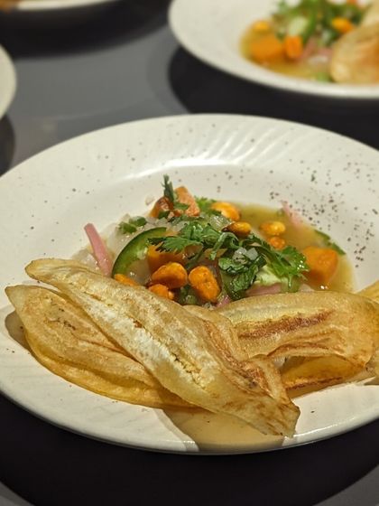 A ceviche-style dish served with crispy plantain chips. This plate from our cacao and corn dinner showcases how we play with textures and flavors, creating a balanced and exciting culinary experience.