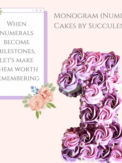 Monogram and number cakes are a beautiful way to personalize a milestone. This number '1' cake, created for a first birthday, is decorated with hand-piped purple rosettes, showing a unique and personal alternative to a traditional round cake.