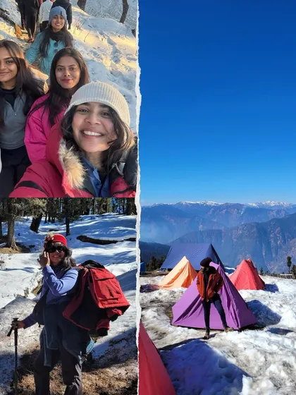 Colorful tents pitched in the snow at a Kedarkantha campsite. I ensure we have comfortable and safe camping arrangements, even in the harsh Himalayan winter.
