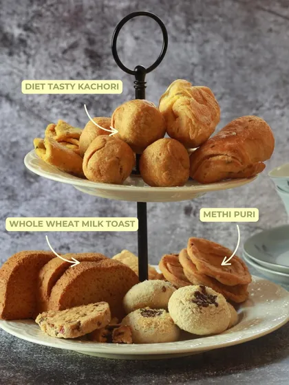 Even your chai party deserves a snack upgrade. This two-tiered stand is elegantly arranged with my Diet Tasty Kachori, Methi Puri, and Whole Wheat Milk Toast.