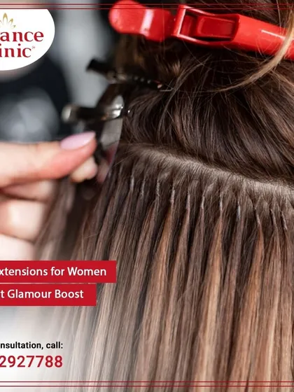 This is a close-up of my hair extension application for women. I use a precise technique to bond individual strands, ensuring a secure fit and a look that provides an instant glamour boost without looking fake.