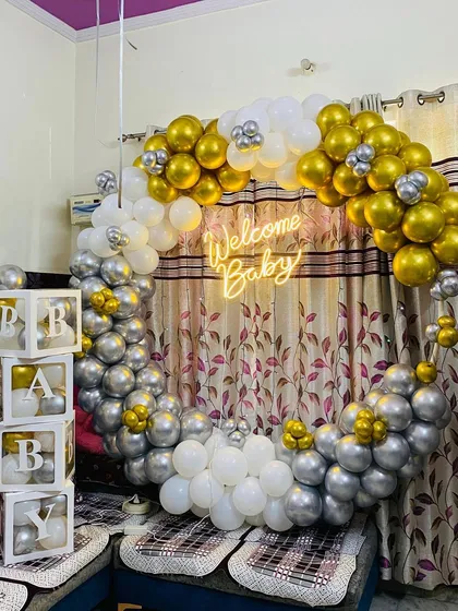 The complete view of the at-home 'Welcome Baby' setup, perfect for bringing a newborn home to a festive environment.