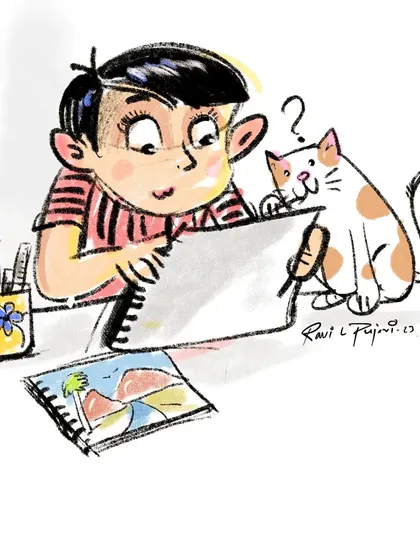 A warm, storybook-style illustration of a young artist and his curious cat. This shows my versatility in creating gentle, narrative characters for children's books, personal commissions, or softer brand messaging.