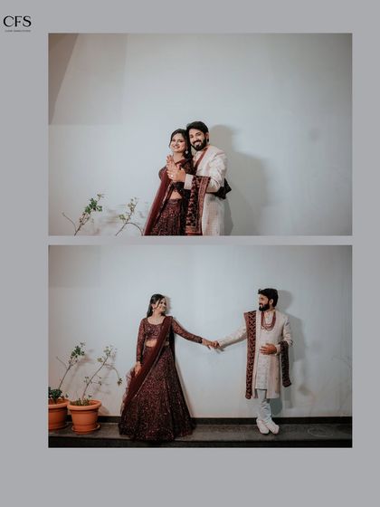 "Love, framed perfectly." This minimalist shot shows the couple's connection, with one frame capturing a formal pose and the other a more candid interaction.
