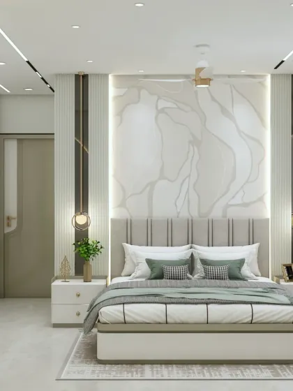 A full view of a luxurious master bedroom. The bed is framed by a stunning marble-finish panel and flanked by hanging pendant lights. The design is symmetrical, balanced, and exudes modern elegance.