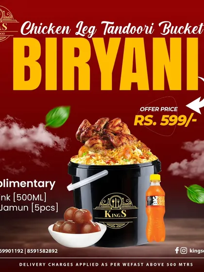 Our Chicken Leg Tandoori Bucket Biryani is a feast for the eyes and the stomach. For just ₹599, you get a full bucket of biryani topped with tandoori chicken legs, plus a complimentary soft drink and gulab jamun.