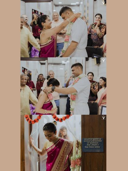 A collage of the simple and heartfelt garland exchange during a court wedding. The joyful reactions of the family and the bride's happy dance make these moments special.