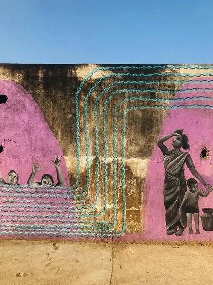 This mural is part of my 'Stories of Water' series, a large-scale public art project about Bangalore's water crisis. It depicts the struggles and stories connected to water, from scarcity to flooding, turning a public wall into a space for reflection and conversation within the community.