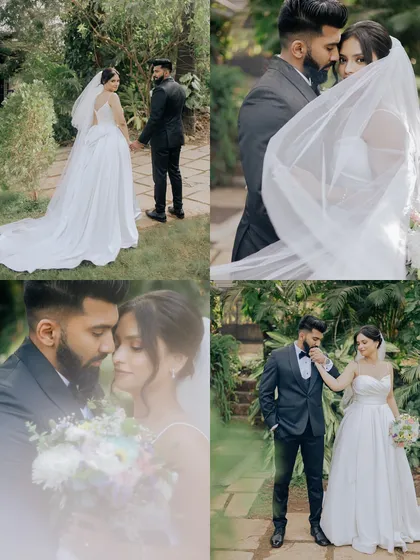 A collage of romantic couple portraits in a lush garden setting, highlighting the bride's flowing veil and the couple's connection.