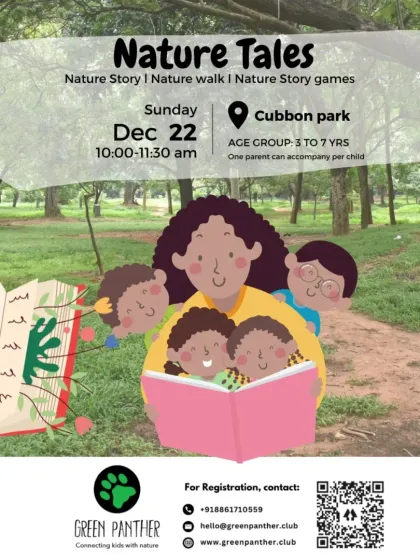 An announcement for "Nature Tales," a special winter session combining stories, a nature walk, and games in Cubbon Park.