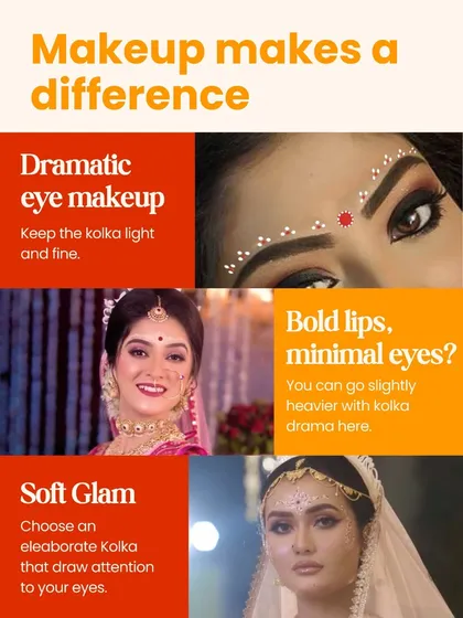 Your makeup makes a difference. Learn how to balance your kolka design with dramatic eyes, bold lips, or a soft glam look to create a harmonious and stunning bridal appearance.