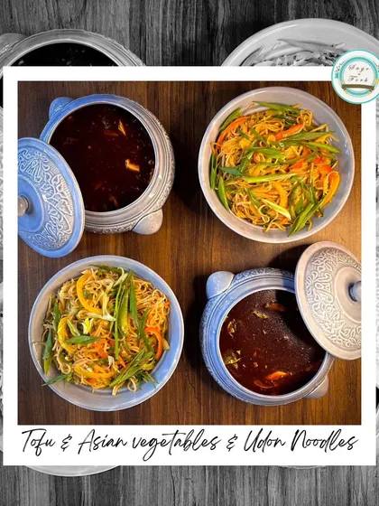 My Tofu and Asian Vegetables in black bean sauce, served with Udon noodles. This dish is a perfect combination of savory, sweet, and spicy flavors.
