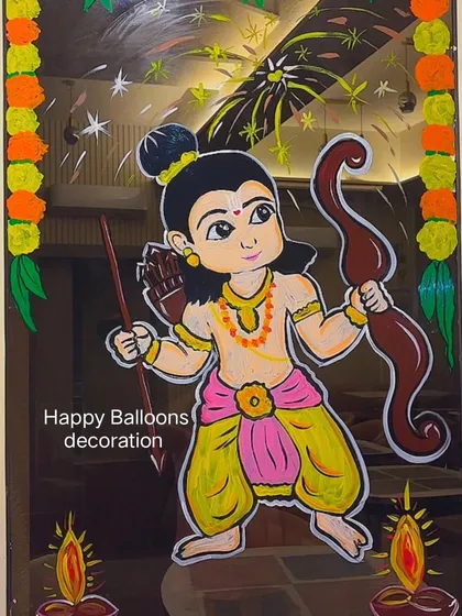 A detailed hand-painted depiction of Lord Rama for Dussehra. This artwork, painted on a glass window, captures the spirit of the festival with vibrant colors and traditional imagery.