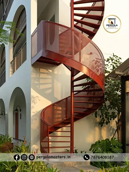 A striking, contemporary spiral staircase in a bold red finish with perforated metal panels. This unique design serves as a vibrant architectural focal point, adding a splash of color and modern flair to the building's exterior.