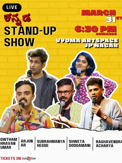 The poster for a live Kannada stand up show featuring a lineup of five hilarious comedians ready to entertain.