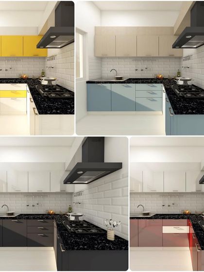 This collage shows how different acrylic color combinations can completely change the feel of the same kitchen layout. We help you choose the perfect palette that reflects your personality and complements your home.