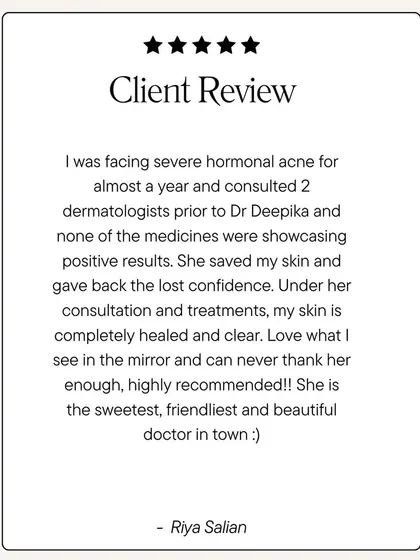 This review from a client who struggled with severe hormonal acne means the world to me. My goal is not just to heal the skin but to help restore the confidence that acne can take away. Reading about her clear skin and renewed self-esteem is the reason I love my work.