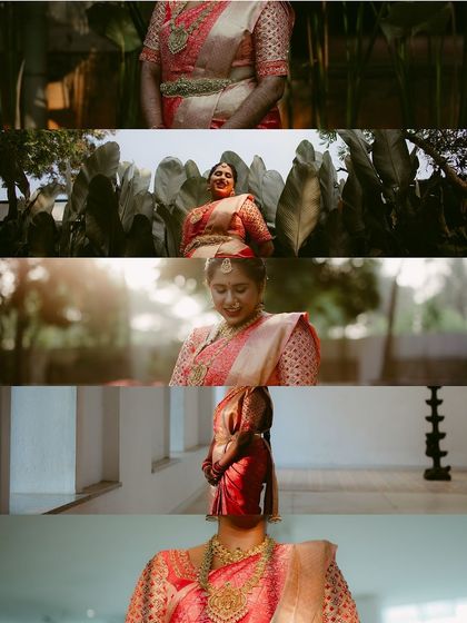 A cinematic collage of a bride in her red wedding saree. The different frames highlight details of her attire, her serene expressions, and the beautiful outdoor setting.