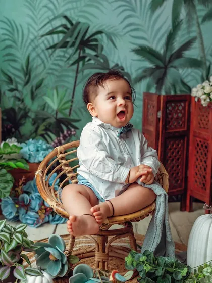 A big, happy yawn or shout. I love capturing these candid, real moments that show off a baby's personality.