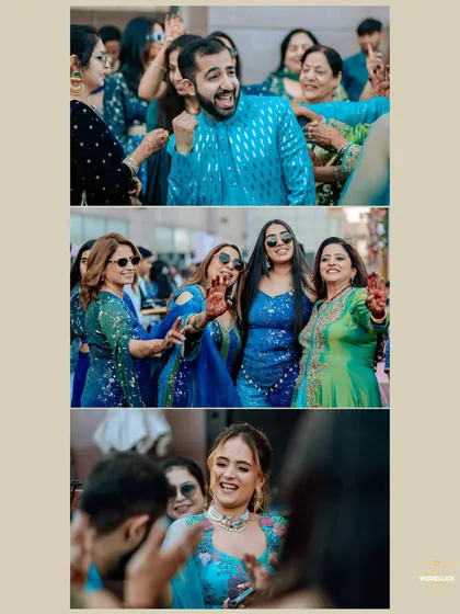 A collage of candid moments from the Haldi party, showing guests dancing and enjoying the celebration.