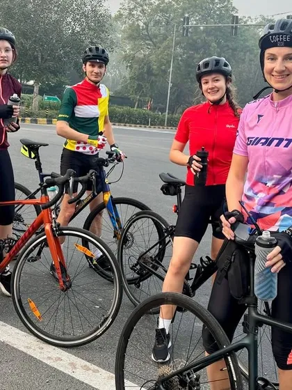Taking a quick water break. Staying hydrated is essential, especially on our faster rides.