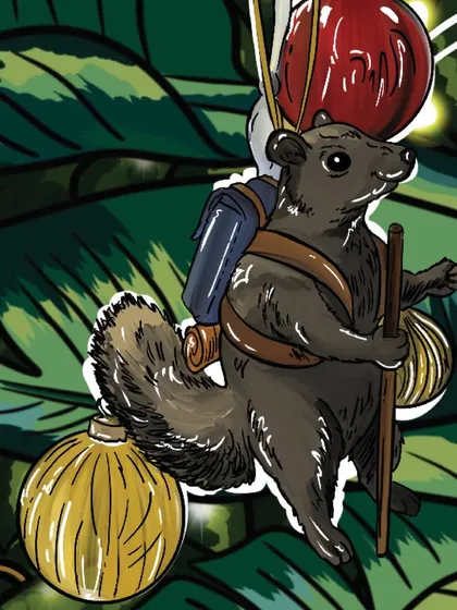 This adventurous squirrel with a backpack is another small character from a larger Christmas piece, adding a layer of whimsical storytelling.