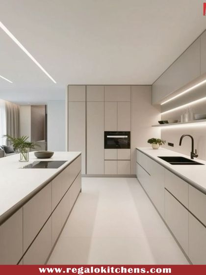 This image showcases an ultra-modern, minimalist parallel kitchen with handle-less cabinets and integrated lighting, demonstrating our elegant and space-saving designs.
