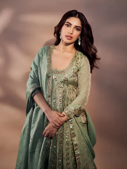 Bhumi Pednekar in a graceful sage green anarkali for the 'Pariksha Pe Charcha' event. The subtle sequin work and classic silhouette make it a sophisticated and event-appropriate choice.