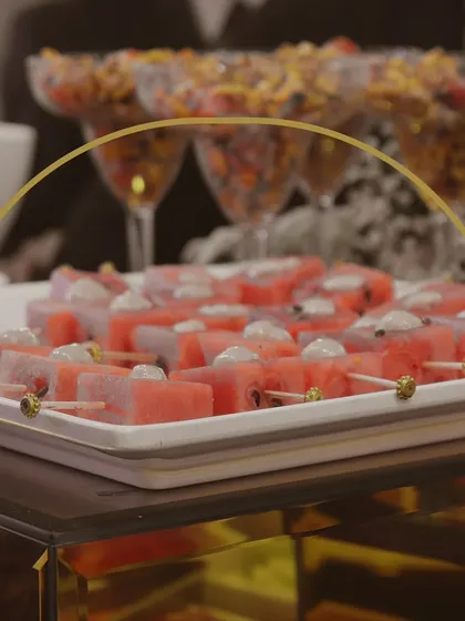 Refreshing watermelon and feta skewers. This light and flavorful appetizer is a perfect palate cleanser and a visually appealing addition to any menu.