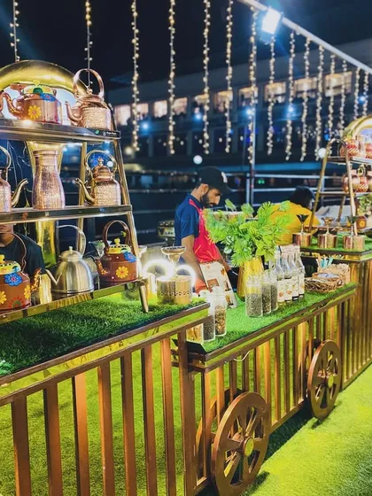 A wider view of the beverage cart, a stylish and functional addition to any event.