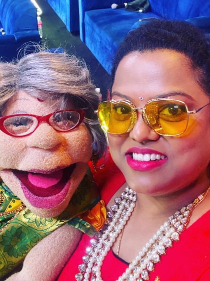 Ajji and I, ready for our close-up. The detailed traditional attire for the puppets is something we take great pride in.