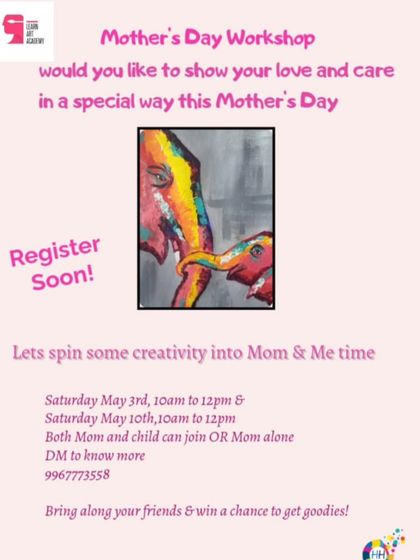 A special Mother's Day workshop announcement, inviting moms and kids to spend quality time together creating a beautiful canvas painting.