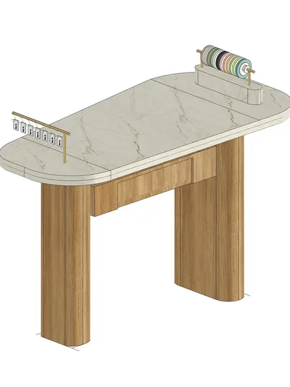 A 3D render of a custom-designed retail display table, featuring a fluted wood base and a marble top with integrated brass fixtures. For us, furniture is an essential part of the spatial narrative, and we meticulously design each piece to be both functional and beautiful.