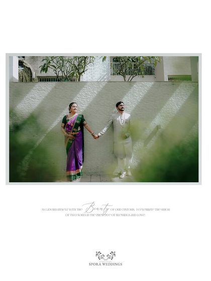 An artistic shot of the couple holding hands, framed by foliage and shadows, with the word "Beauty" celebrating their union.