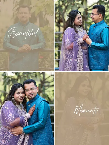 A four-panel collage of a couple's engagement, featuring both posed portraits and candid, loving glances.