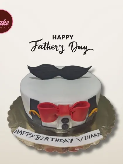 A fun cake for Father's Day or a dad's birthday, designed to look like a tuxedo shirt with a mustache and bow tie.